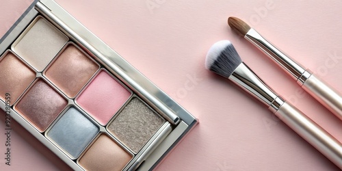 Sophisticated pastel pink and metallic silver fusion background highlighting a sleek eyeshadow palette and precision makeup brush for a refined cosmetic campaign. photo