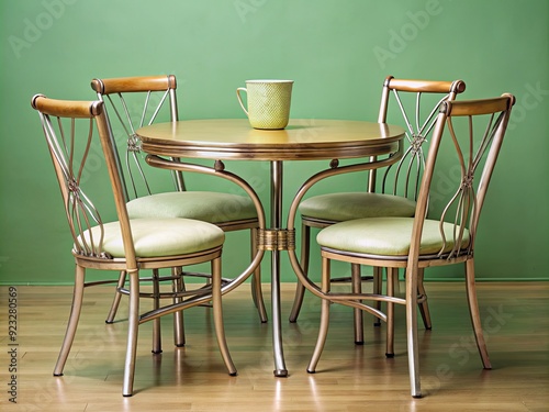 Warmly lit, distressed vintage photograph of a retro-style dinette set, adorned with ornate metal trim, against a worn, pale green background. photo