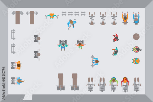 Top view of a set of isolated colour vector illustrations for creating a fitness club: exercise machines, treadmills, benches with barbells, kettlebells, dumbbells, people doing sports. View from abov