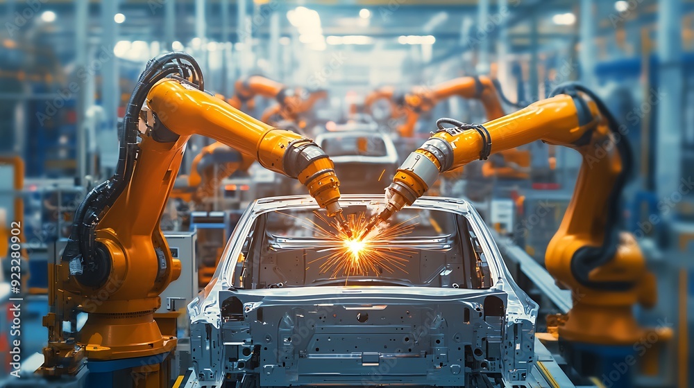 A robotic assembly line in a car manufacturing plant, seamlessly welding and painting car frames. A robotic assembly line in a car manufacturing plant, seamlessly welding and painting car frames.