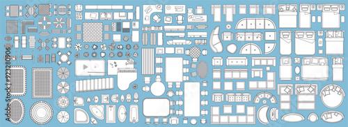 Top view of a set of isolated vector linear illustrations for creating interior design: beds, sofas, bathrooms, sinks, toilets, tables, chairs, terrace, plants, carpets, grand piano