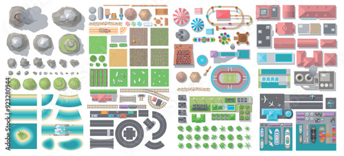 Top view of a set of isolated vector colour illustrations to create an urban space: airport, seaport, roads, houses, hills, lawns, coastline, sea, reservoirs, railway, park, stadium. View from above.