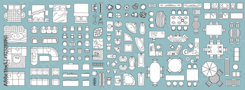 Top view of a set of isolated vector linear illustrations for creating interior design: beds, sofas, bathrooms, sinks, toilets, tables, chairs, terrace, plants, carpets.