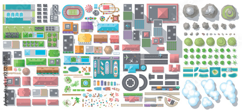 Top view of a set of isolated colour vector illustrations to create an urban space: airport, seaport, ecological power stations,  buildings, hills, trees, coastline, island, cloud, railway, stadium.