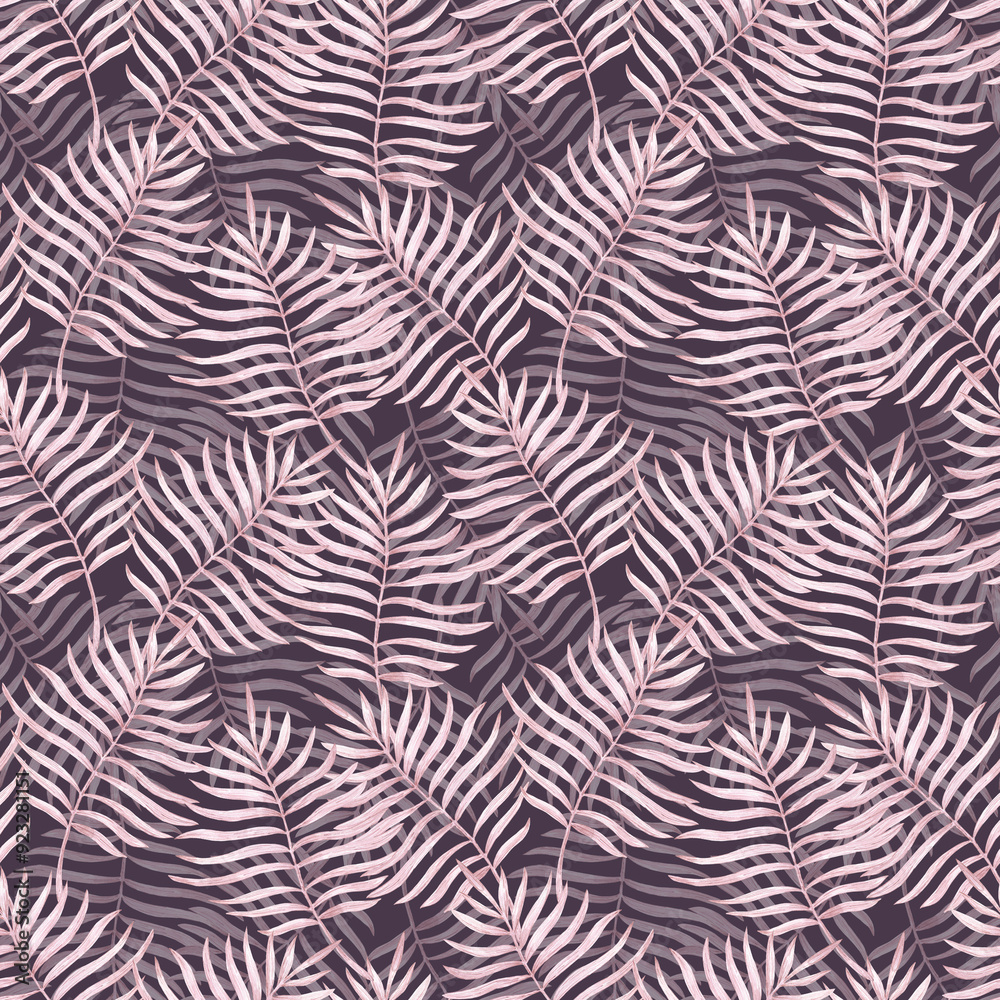 Hand drawn watercolor grey monochrome palm tree leaves seamless pattern isolated on dark background. Can be used for textile, fabric and other printed products. Hand drawn watercolor grey monochrome palm tree leaves seamless pattern isolated on dark background. Can be used for textile, fabric and other printed products.