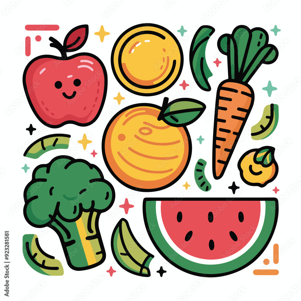 Set of healthy food stickers on white background, illustration Set of healthy food stickers on white background, illustration