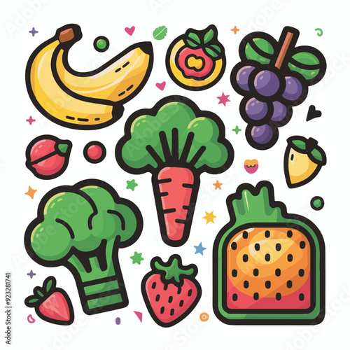 Set of healthy food stickers on white background, illustration