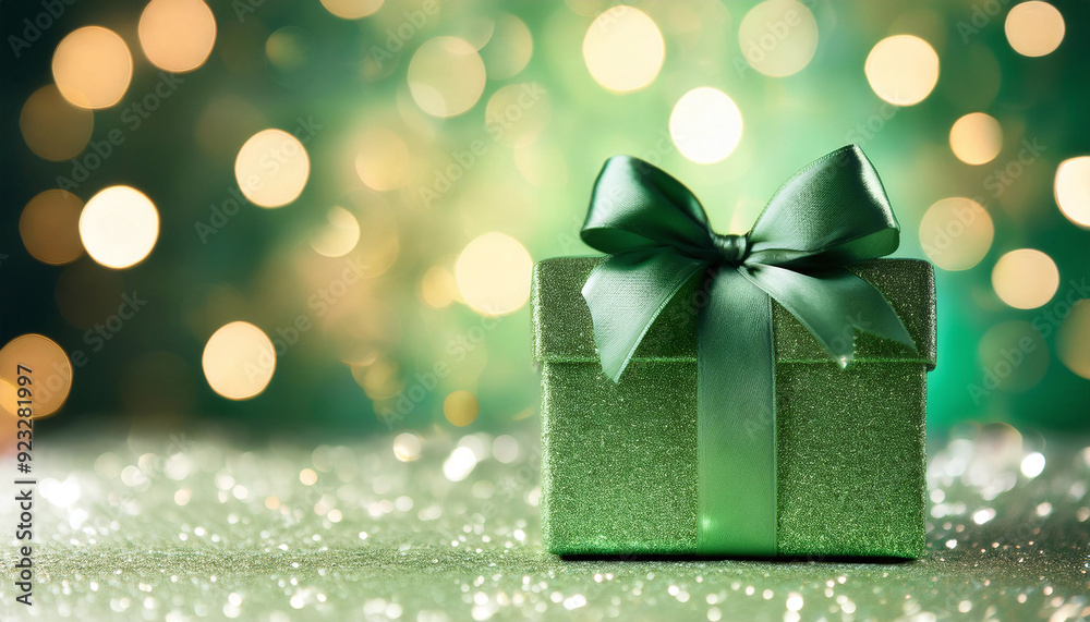 Fototapeta premium A glittery green gift box with a satin bow against a sparkling bokeh light background, perfect for celebrations