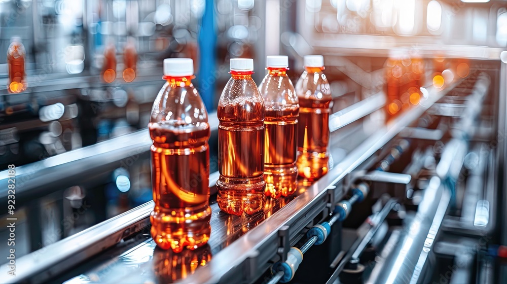 Bottles of orange liquid on a conveyor belt Bottles of orange liquid on a conveyor belt