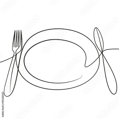 Continuous one line drawing Plate, fork and spoon. Minimal illustration