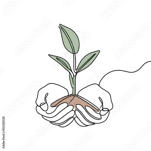 Continuous one line drawing two hand holding a young plant.