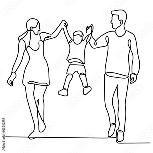 Family taking a walk together in a continuous black line art drawing showing parents walking with their children