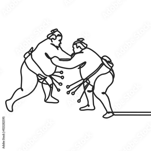 Japanese wrestler, sumo one line art. Continuous line drawing japan, fight, obesity, big man, person, pre-fight greeting, athlete, training, form, sport.