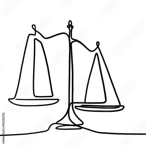 One Line drawing of law balance and scale of justice. Symbol of equality and concept court and logo firm in simple linear style. Libra icon