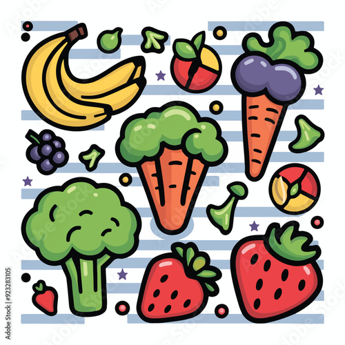 Set of healthy food stickers on white background, illustration