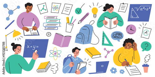 School and education vector illustrations set in playful, cartoon style. Students studying, reading books, stationery doodles, math science symbols collection. Educational content, learning materials