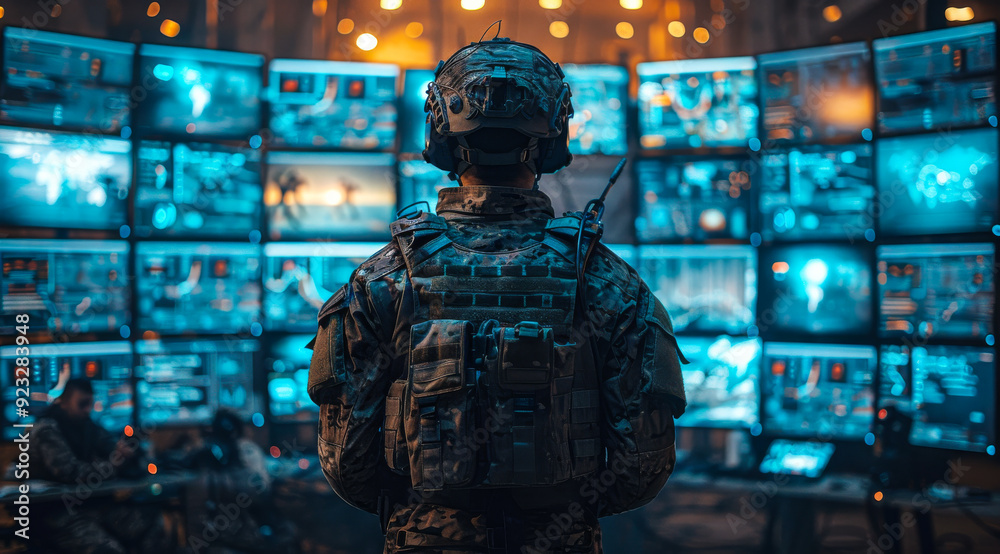 Fototapeta premium A soldier stands in front of a wall of monitors, looking at the screens. The screens are displaying various images and the soldier appears to be focused on one of them.