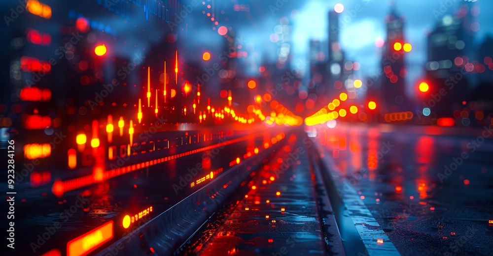 A cityscape with a red and blue background and a red line that is lit up