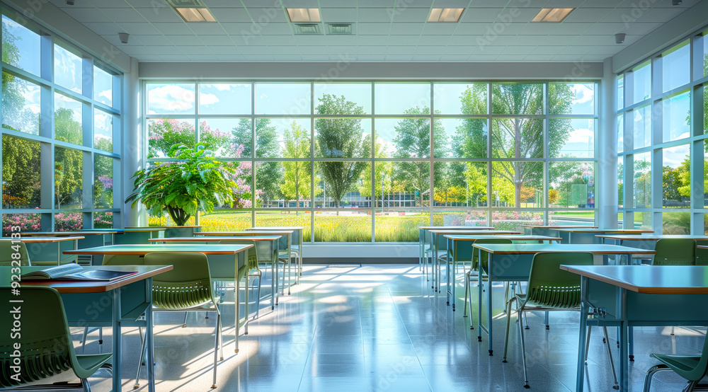 A classroom with many desks and chairs. The room is empty and the windows are open. The sunlight is shining through the windows, creating a bright and welcoming atmosphere A classroom with many desks and chairs. The room is empty and the windows are open. The sunlight is shining through the windows, creating a bright and welcoming atmosphere