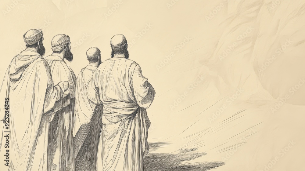 Fototapeta premium Biblical Illustration of Elijah Taken Up to Heaven: Sons of the Prophets Watching from a Distance, Acknowledging Elisha as Successor, Beige Background