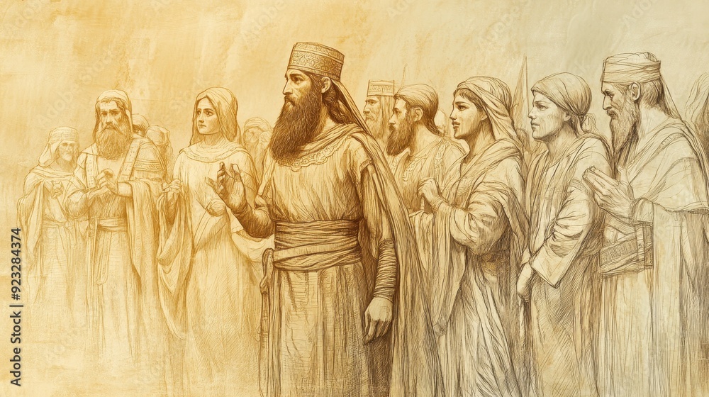 Fototapeta premium Biblical Illustration of 2 Kings: Jehoiada Leading Covenant Renewal Ceremony, Rededicating Kingdom to the Lord, Bible Wall Art with Beige Background