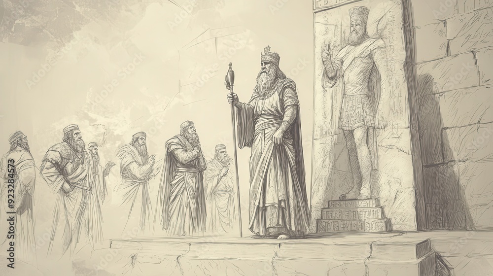 Fototapeta premium Biblical Illustration of Jehoram Erecting Altars to False Gods, Influenced by His Wife Athaliah’s Idolatry, Bible Wall Art, Beige Background