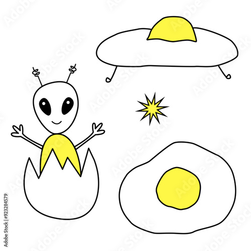 Alien, spaceship, fried egg baby cute set. Vector illustration. Funny children alien character. Linear simple drawing for kids print, coloring book and clothes. Hand drawn sketch doodle style.