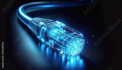 blue glowing internet cable with light particles representing fast data transfer speed and high-speed internet