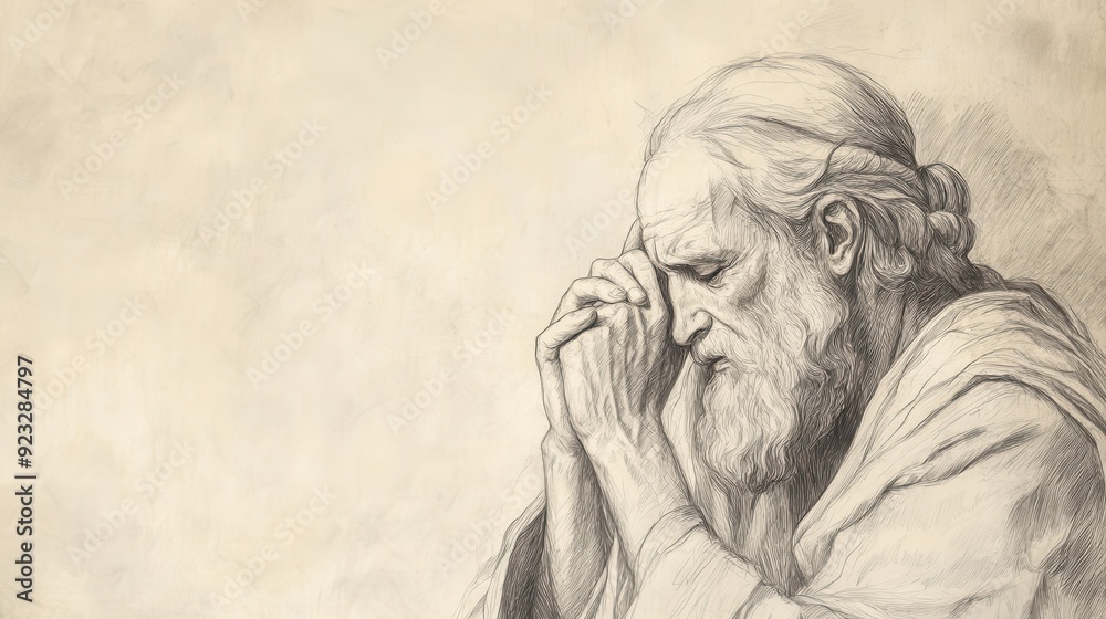 Fototapeta premium Solomon’s Woes: Reflecting on the Consequences of His Actions with Regret and Contemplation, 1 Kings Biblical Illustration, Bible Wall Art, Beige Background