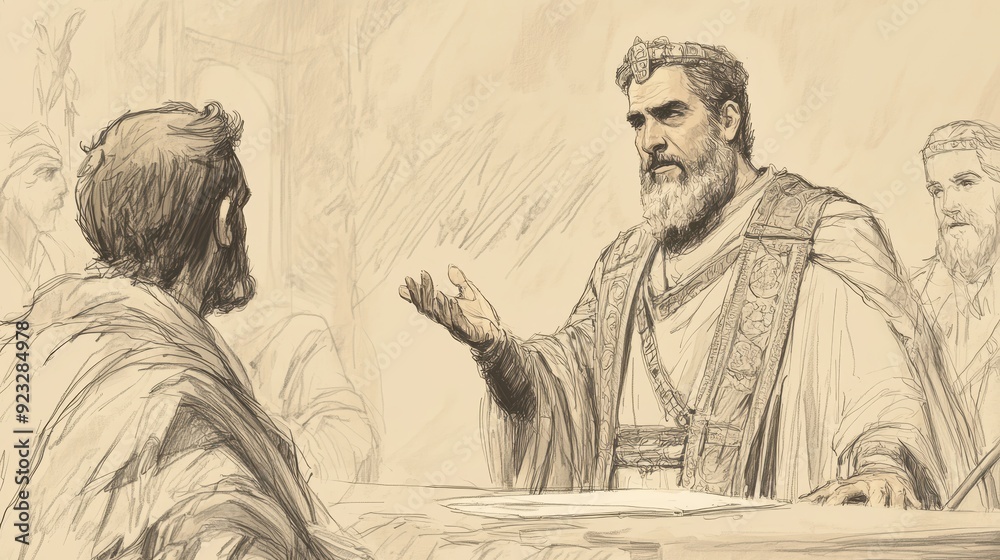 Fototapeta premium Biblical Illustration of Jotham Judging Judah’s People with Fairness and Wisdom, Bible Wall Art, Beige Background