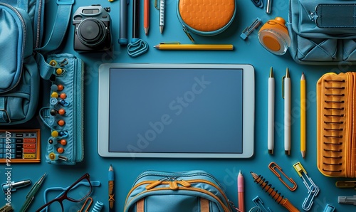 digital tablet with blank white screen,frame of colorful school supplies on white background flat lay top view copy space online school distanse e learning concept. photo