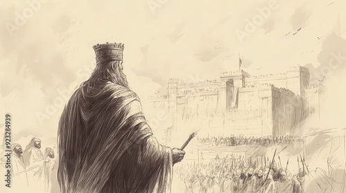 Biblical Illustration of Solomon's Reign Established: Solomon Visiting the High Places, Offering Sacrifices to God in Religious Devotion, Beige Background