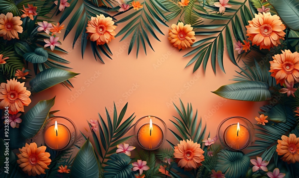 Light pink background with tropical flowers and leaves. Kerala Onam festival. Pongal, Diwali, Ugadi, Gudi Padwa. Cartoon summer illustration for greeting card. Top view, flat lay, copy space. Light pink background with tropical flowers and leaves. Kerala Onam festival. Pongal, Diwali, Ugadi, Gudi Padwa. Cartoon summer illustration for greeting card. Top view, flat lay, copy space.