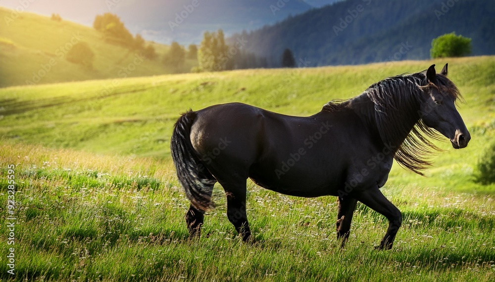 black horse in field, AI generated black horse in field, AI generated