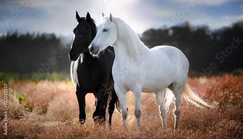 white and black horse in field, AI generated