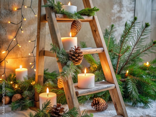cozy candlelit winter morning wooden ladder decorated with evergreen branches and pinecones warm inviting ambiance photo
