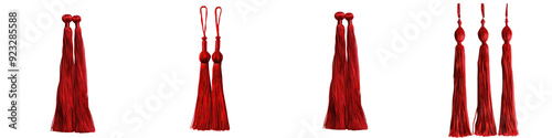 4 set of one red long straight tassels, a red tassel with a rope on isolated on transparent, alpha background PNG file cut out photo