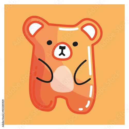 Bright Orange gummy bear. Cute Jelly bear fruit gummy. Vector isolated illustration. Element for stickers or decor. Animal with seriously character.