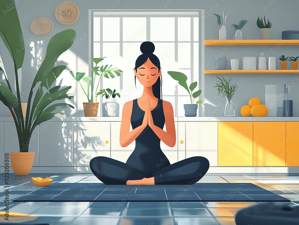 Woman practicing yoga in a modern kitchen. Woman practicing yoga in a modern kitchen.