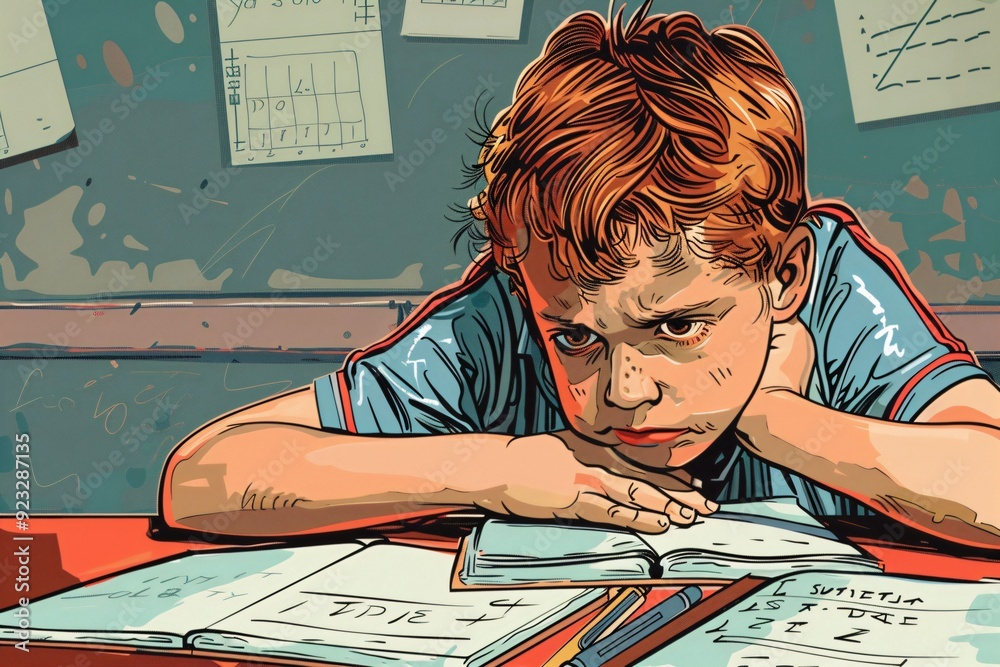 Fototapeta premium rentrée scolaire, élève, jeune garçon qui as du mal à faire ses devoirs de classe, ia générative