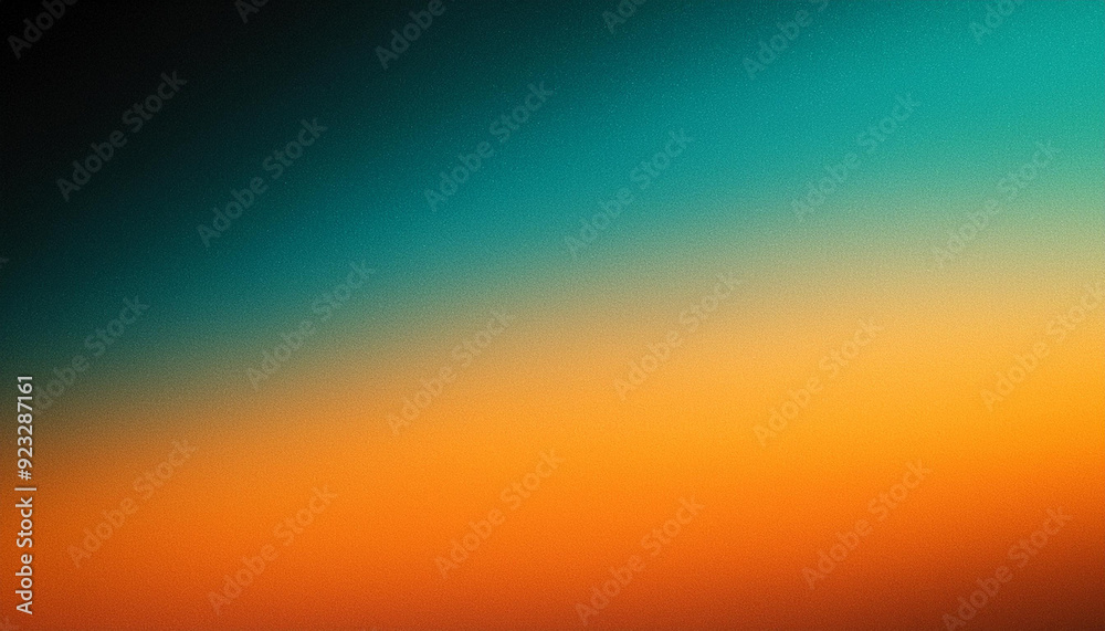 Naklejka premium Soft Gradient Horizon. A Blur of Fiery Orange Transitioning into Calm Turquoise, Warmth of Sunset. Grunge Cinematic Grainy Poster Banner Background With Copy Space