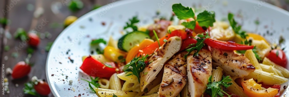 Classic pasta meal featuring chicken, peppers, and a salad of fresh vegetables