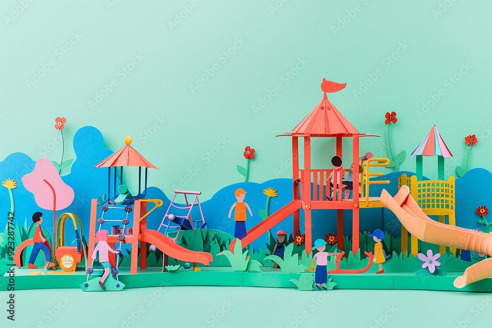 A recess with children playing games and paper cut playground equipment on a light green background a moment of fun A recess with children playing games and paper cut playground equipment on a light green background a moment of fun