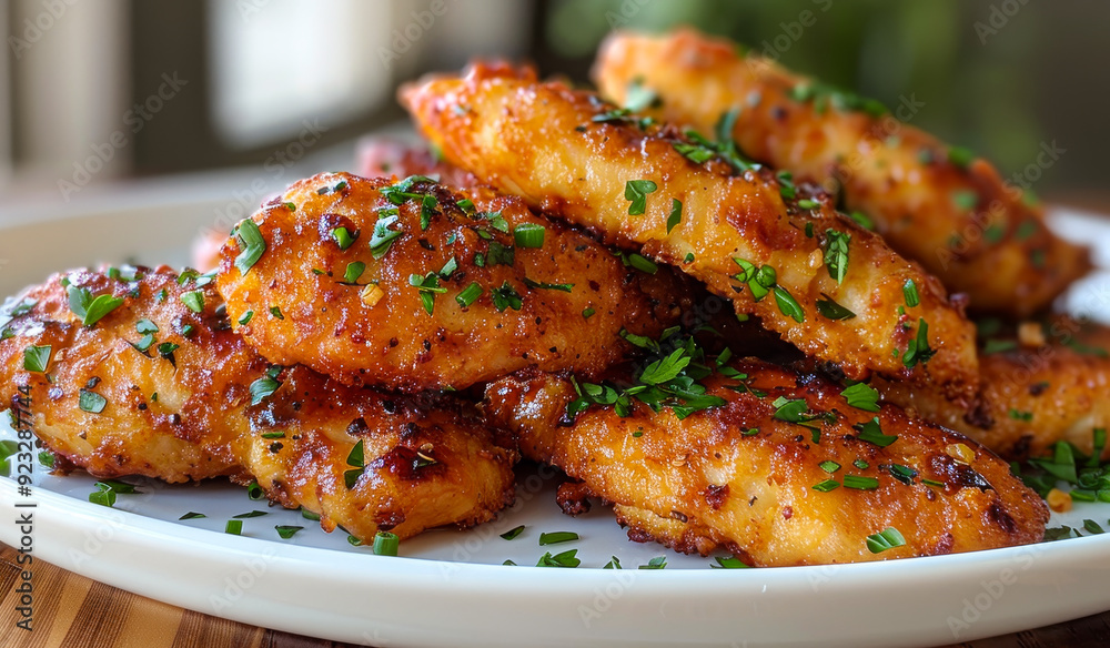 A plate of chicken wings with parsley on top. The chicken wings are golden brown and crispy, and the parsley adds a fresh, herbaceous flavor to the dish. The plate is set on a wooden table A plate of chicken wings with parsley on top. The chicken wings are golden brown and crispy, and the parsley adds a fresh, herbaceous flavor to the dish. The plate is set on a wooden table