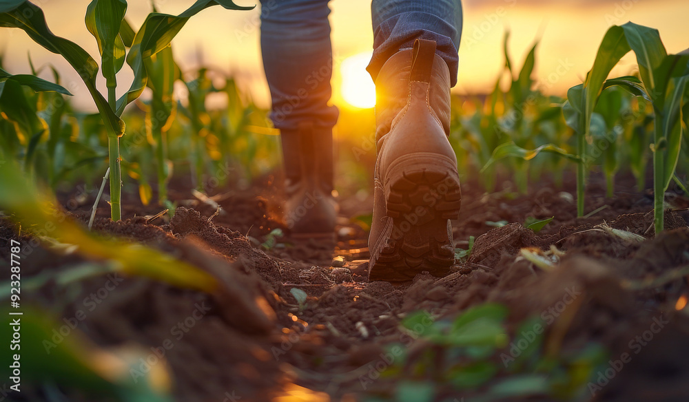 A person is walking through a field of corn. The sun is setting, casting a warm glow over the scene. The person is wearing boots and jeans, and their shadow is visible on the ground A person is walking through a field of corn. The sun is setting, casting a warm glow over the scene. The person is wearing boots and jeans, and their shadow is visible on the ground