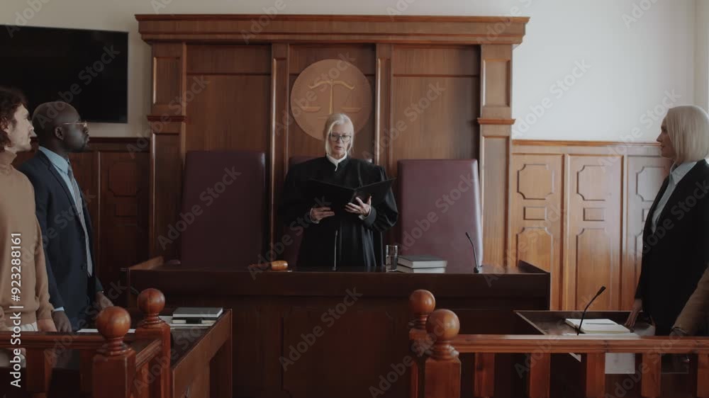 Four court participants standing and listening to female judge passing decision after trial