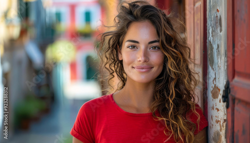 Wallpaper Mural A woman with curly hair is smiling and wearing a red shirt. She is standing in front of a red door Torontodigital.ca