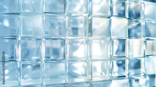 A close-up of a blue glass block wall with light reflections creating a modern abstract texture