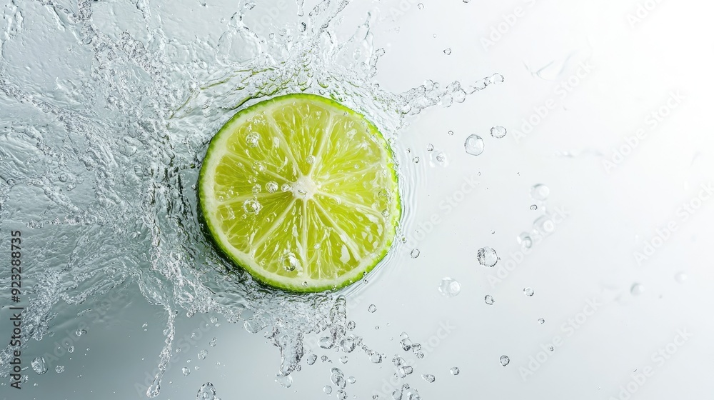 Freshly squeezed lime juice splashing in water, overhead shot. Clear copy space at the bottom left. Freshly squeezed lime juice splashing in water, overhead shot. Clear copy space at the bottom left.