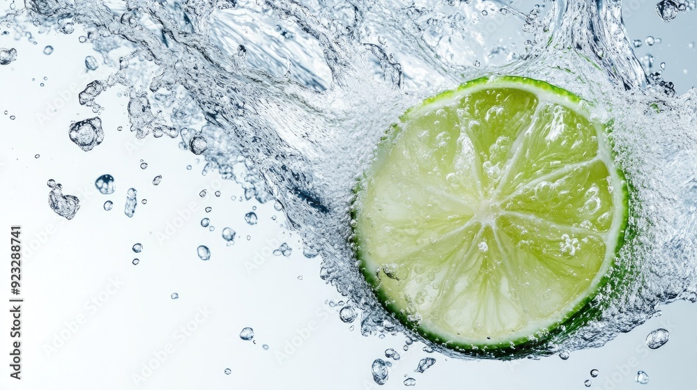 Freshly squeezed lime juice splashing in water, overhead shot. Clear copy space at the bottom left. Freshly squeezed lime juice splashing in water, overhead shot. Clear copy space at the bottom left.